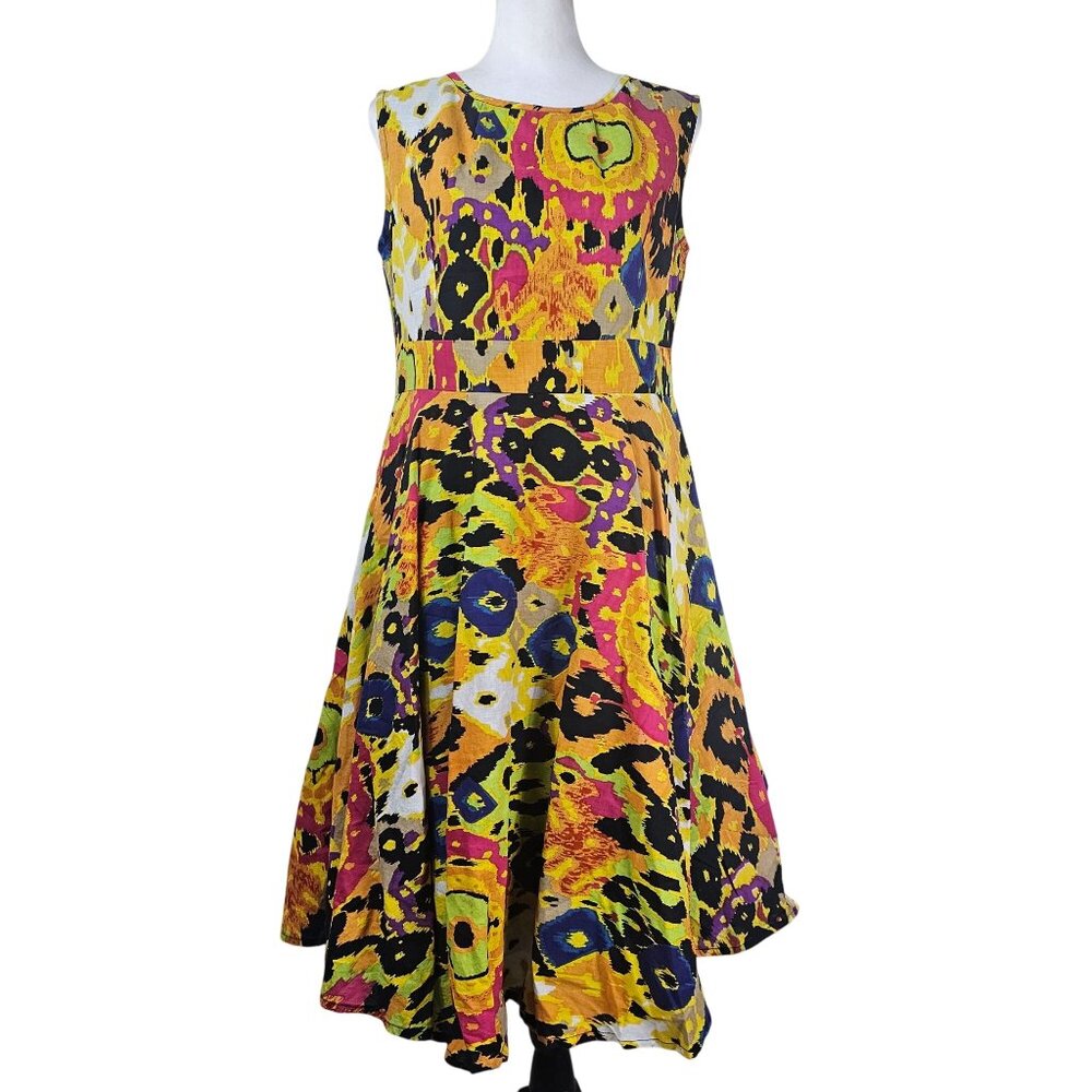 Ashro Mod Midi Dress 8 Retro 70s Print Fit & Flare‎ Colorful Sleeveless Cotton